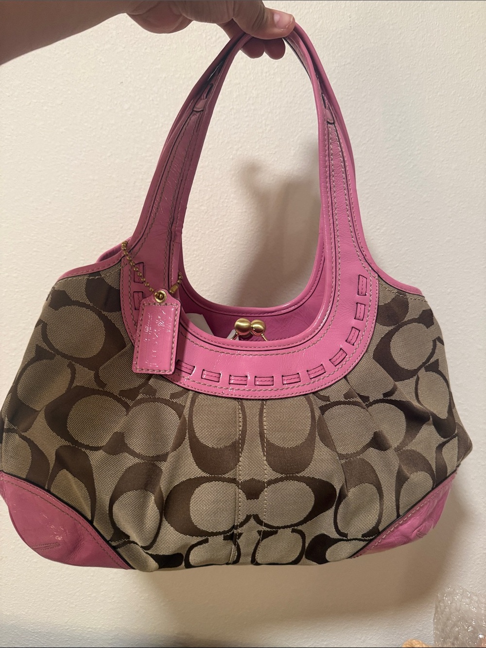 Coach Brown Signature Kiss Lock Hobo Bag with Pink Patent Leather Trim